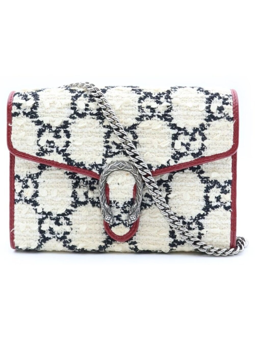 Gucci Dionysus Shoulder Bag Chain Wallet Ivory Red Black Tweed Leather